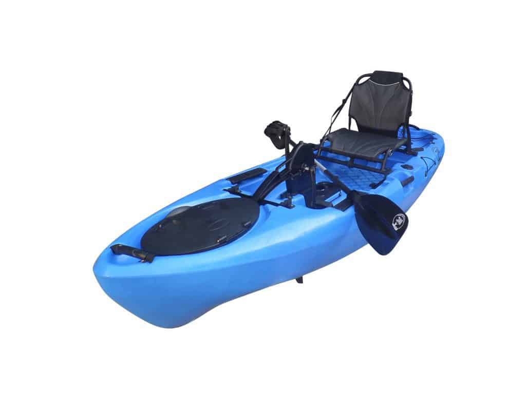 BKC PK11 10.6' Single Propeller Pedal Drive Fishing Kayak W/Rudder System, Paddle and Upright Back Support Aluminum Frame Seat Person Foot Operated Kayak