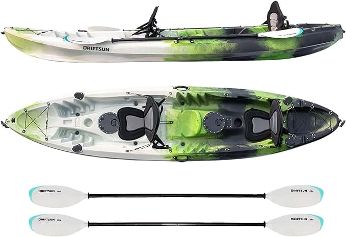 Driftsun-Teton-120-Hard-Shell-Recreational-Tandem-Kayak-2-or-3-Person-Sit-On-Top-Kayak-Package-with-2-EVA-Padded-Seats-Includes-2-Aluminum-Paddles-and-Fishing-Rod-Holder-Mounts-kayaksboats